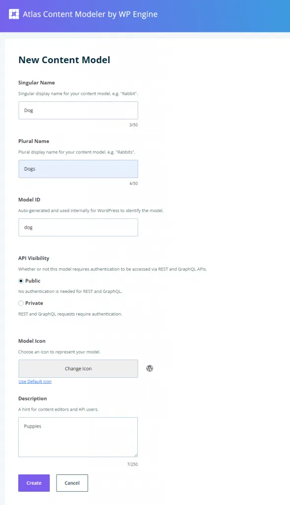 Creating a Custom Post Type model with Atlas Content Modeler.
