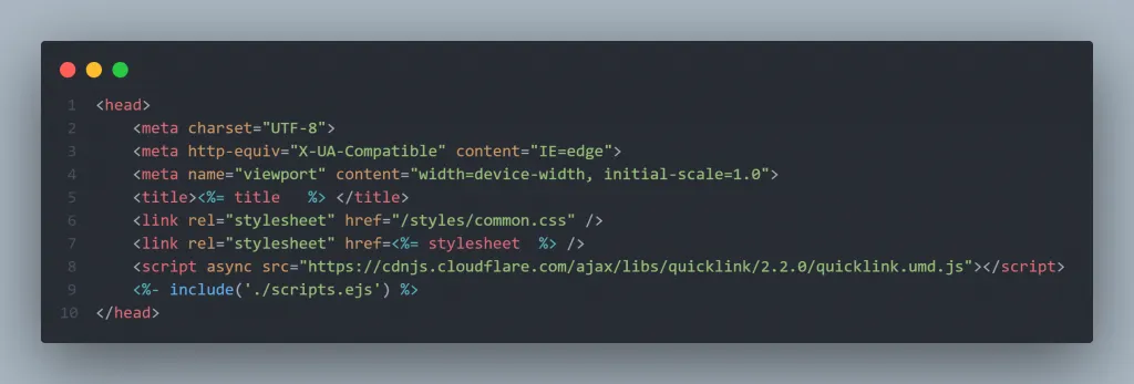 EJS head element partial for a headless WordPress blog site