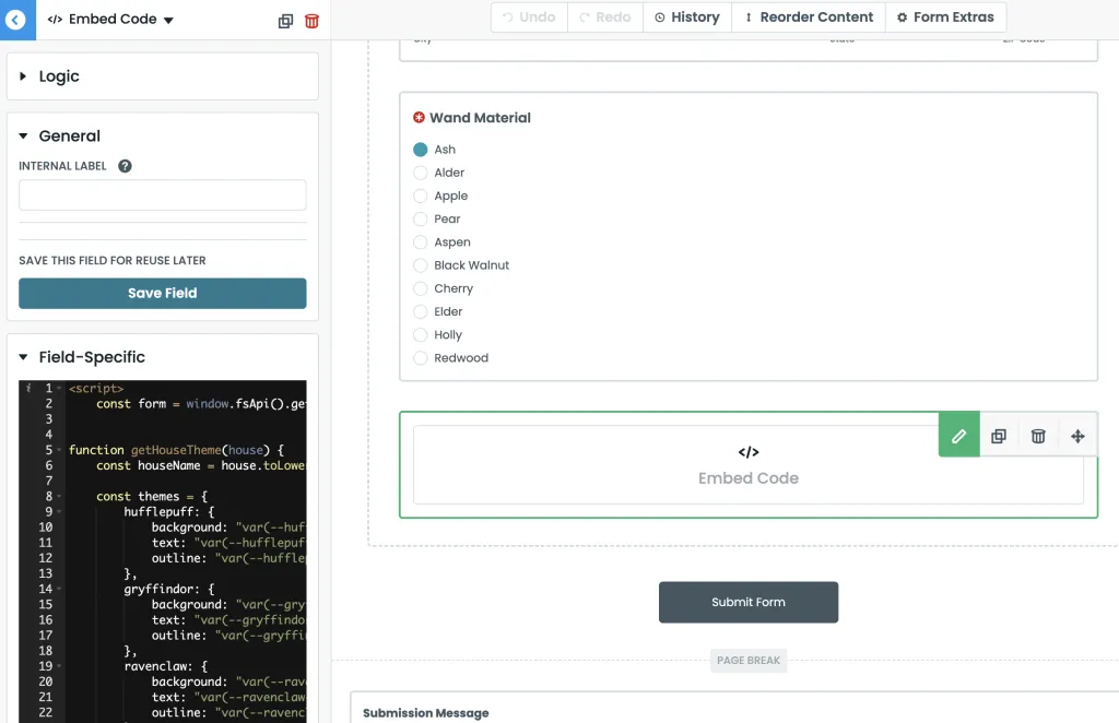 A screenshot showing the Code Embed field in a Formstack Form with JavaScript.