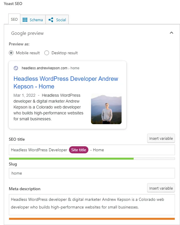Yoast SEO widget for headless WordPress